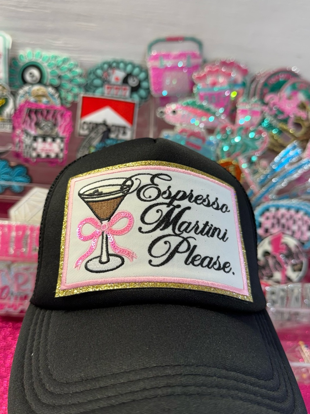 OTTO Black Trucker Hat with Pink & Gold Patch